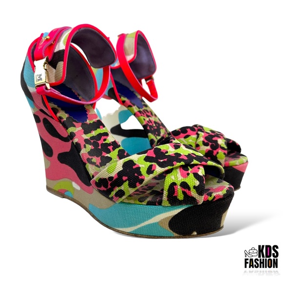 MISSONI Hot Pink Leopard & Camo Wedge Sandals 39 - Picture 7 of 12